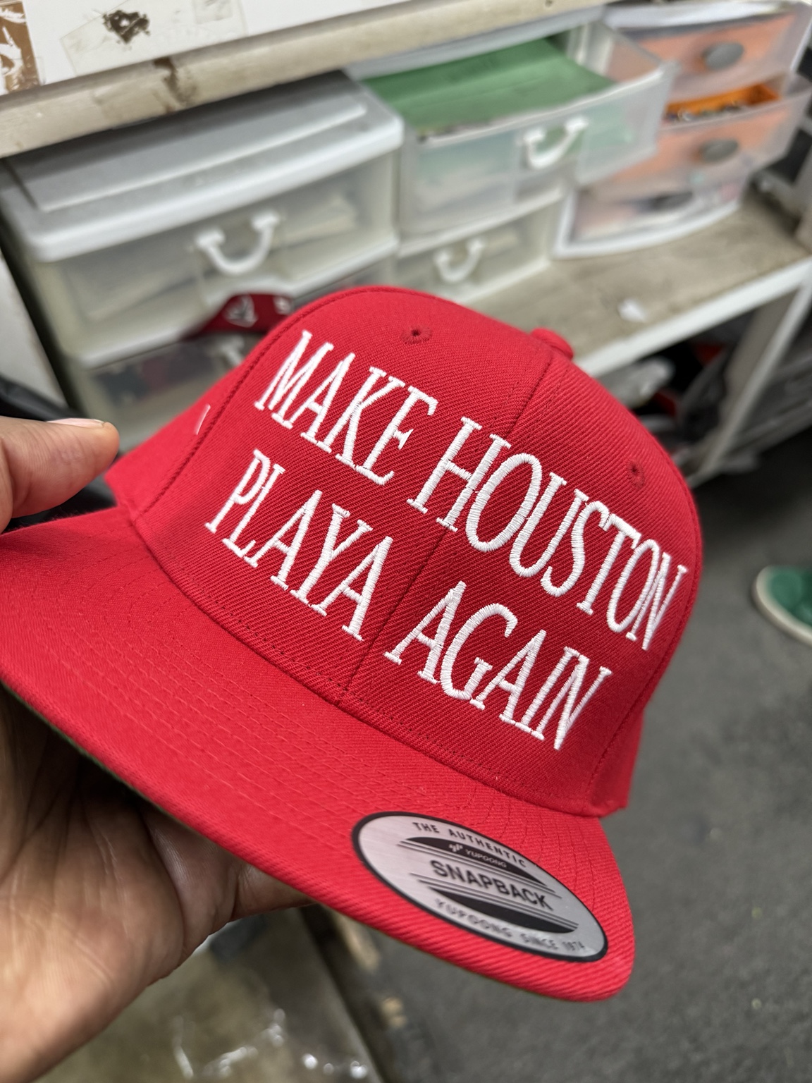 Red Make Houston Playa Again snapback with white embroidery